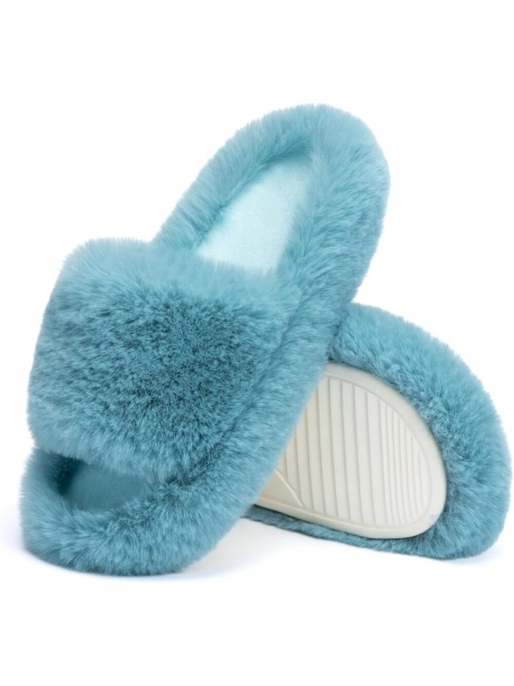 Women's Turquoise Green Memory Foam Soft Faux Fur Lined Open Toe Indoor Slippers